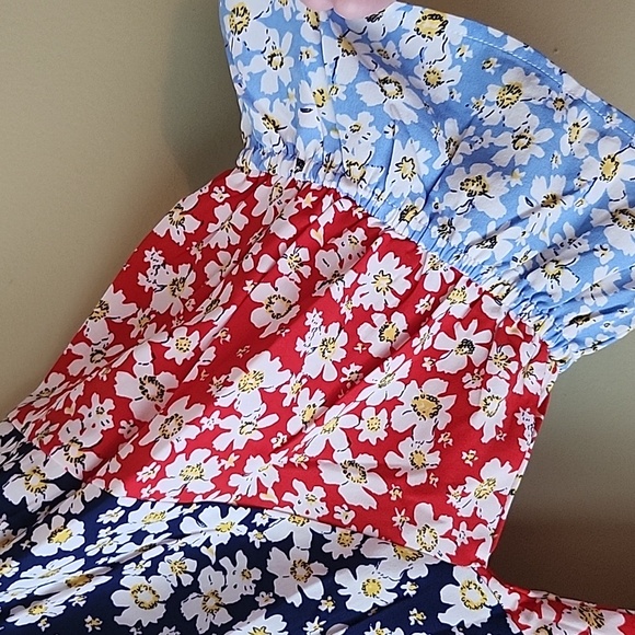 Suzanne Betro Blue and Red Ruffled 3/4 Sleeve Blouse - Picture 3 of 5